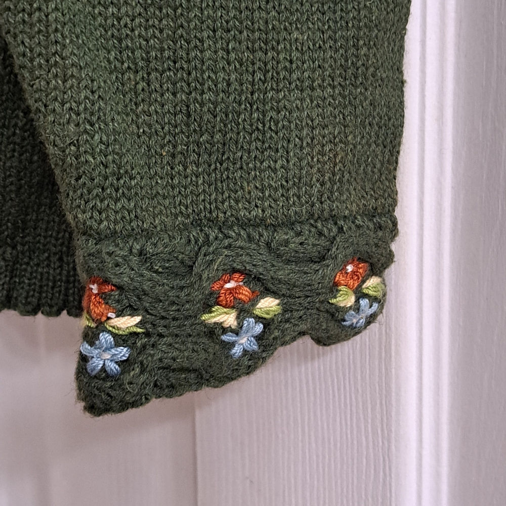 Women’s Olive Green Sweater with Embroidered Floral Trim